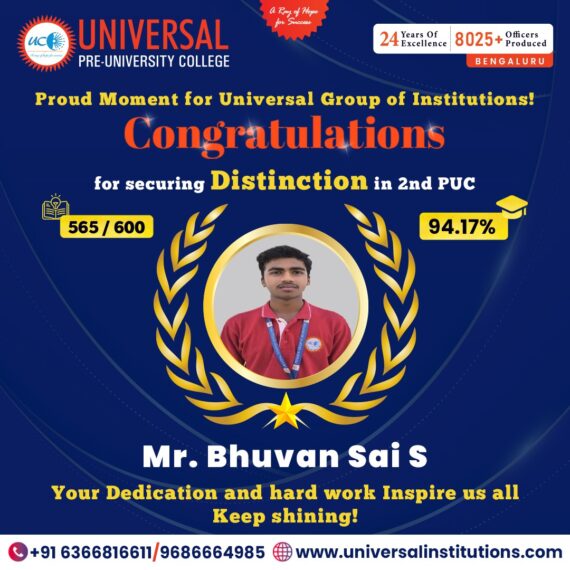 🌠 From Kolar to the Top: Bhuvan Sai S Scores 565/600 in II PUC with Universal PU College’s Mentorship